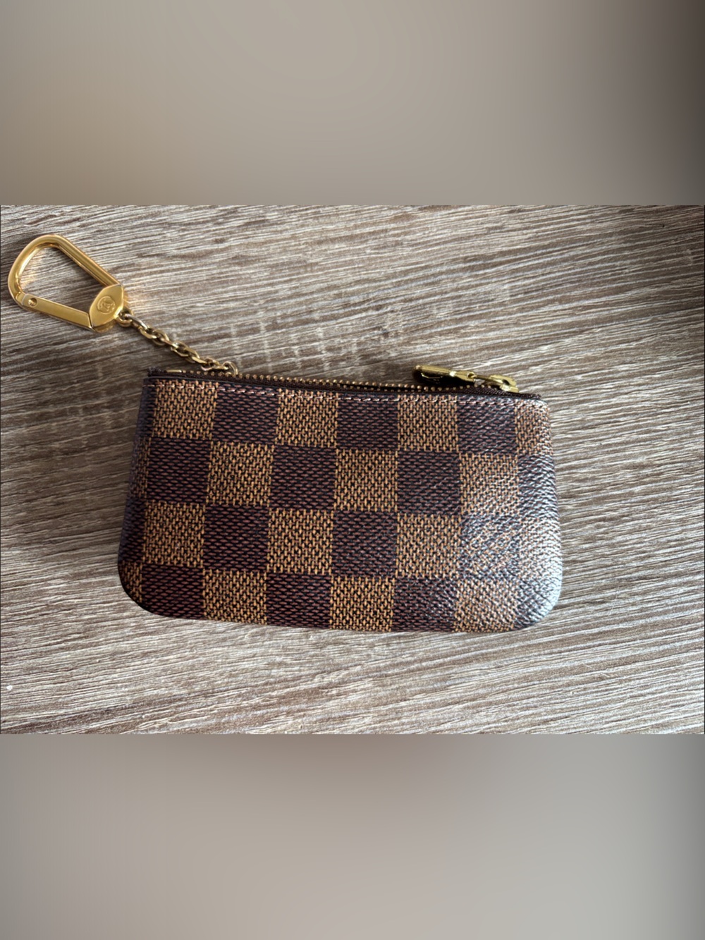Brown Checkered Key Pouch with Gold Chain